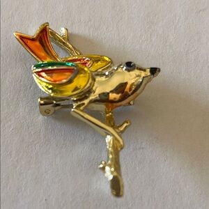 Colorful Bird on a branch Brooch vintage Beautiful silver